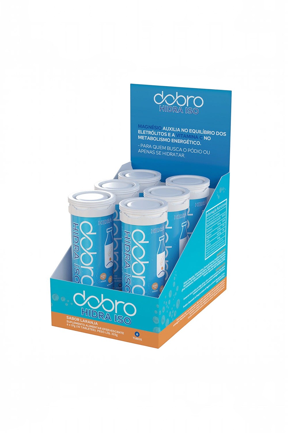 Caixa com 6 tubos de repositor eletrolítico efervescente Hidra Iso sabor laranja da marca SPORTBR