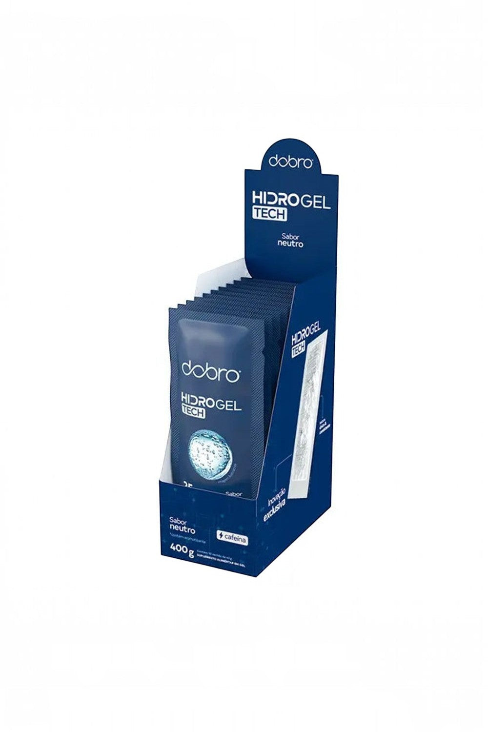Caixa com 10 sachês de Hidro Gel Tech Dobro SPORTBR sabor neutro com cafeína para performance esportiva