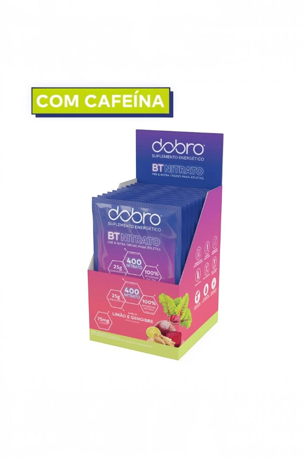 Caixa expositora SPORTBR com 10 sachês de suplemento BT Nitrato DOBRO sabor limão e gengibre para pré e intra treino