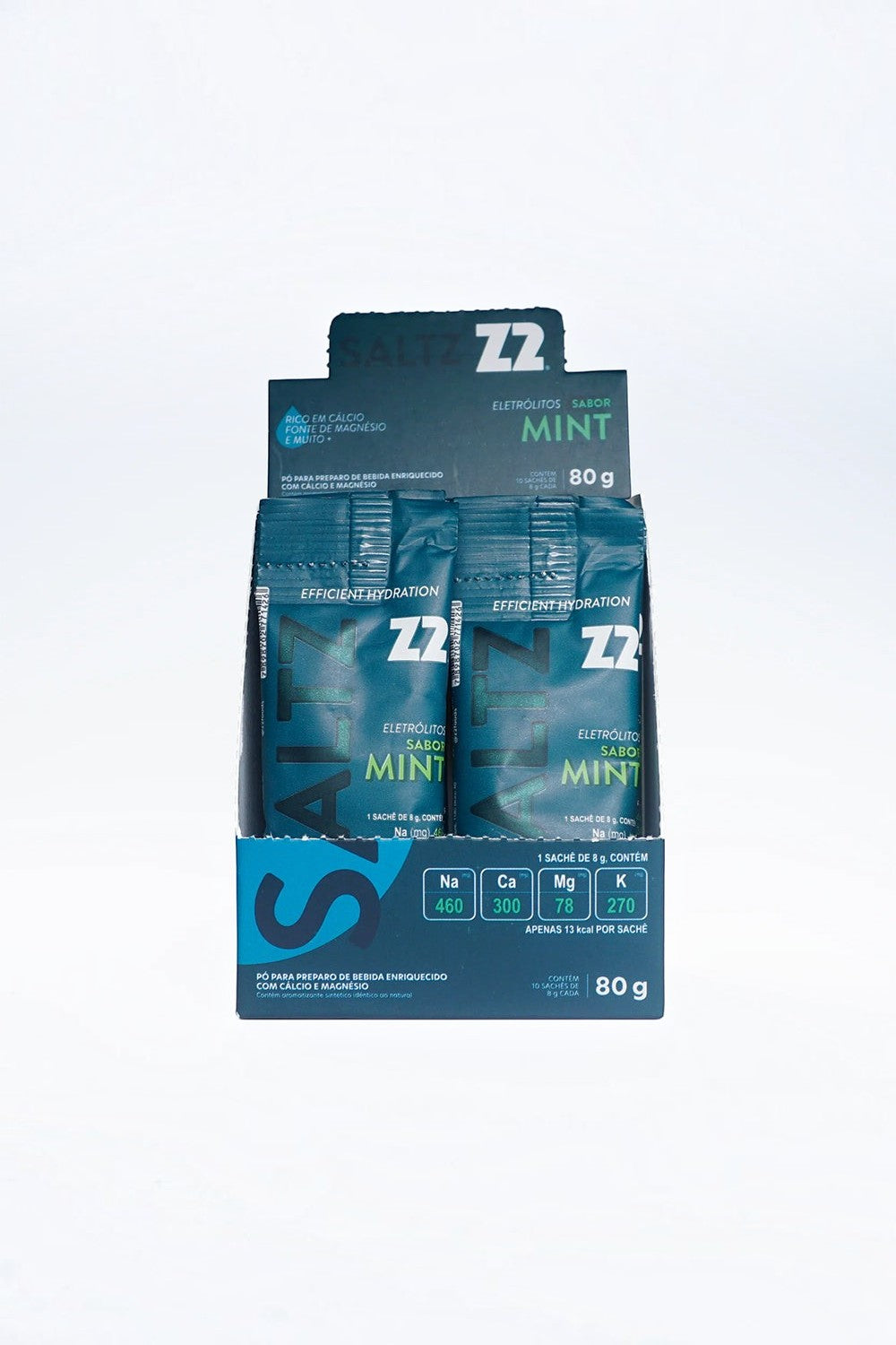 Caixa com 10 sachês de eletrólitos SPORTBR Saltz Z2 sabor Mint para hidratação esportiva e reposição de minerais