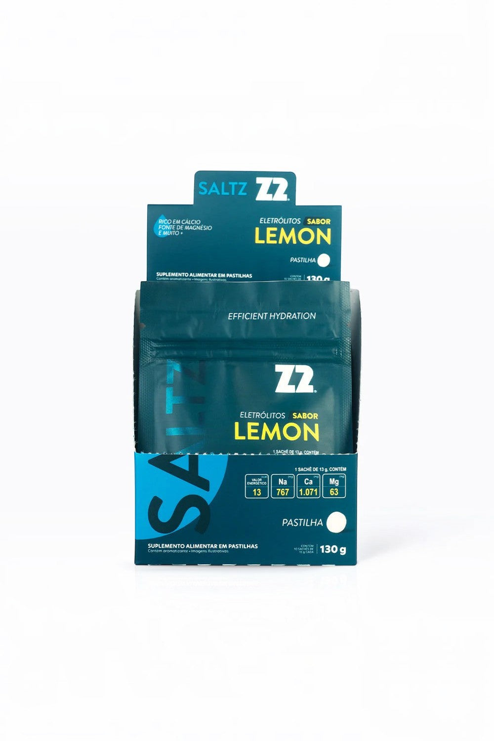 Caixa SPORTBR com 10 sachês de pastilhas de eletrólitos Saltz Z2 sabor Lemon para reposição mineral e hidratação.