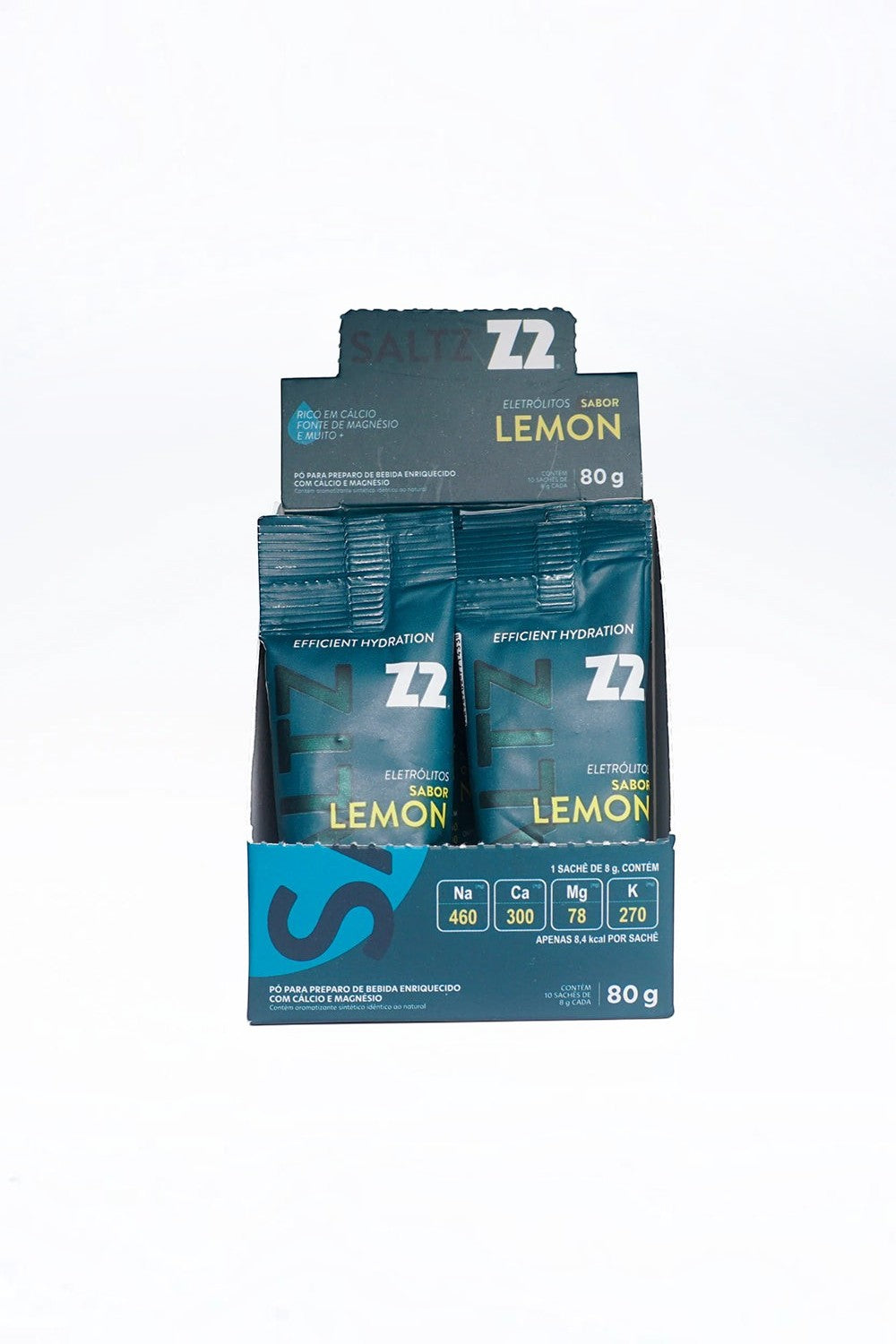 Caixa SPORTBR com 10 sachês de eletrólitos em pó Saltz Z2 sabor Lemon para hidratação esportiva