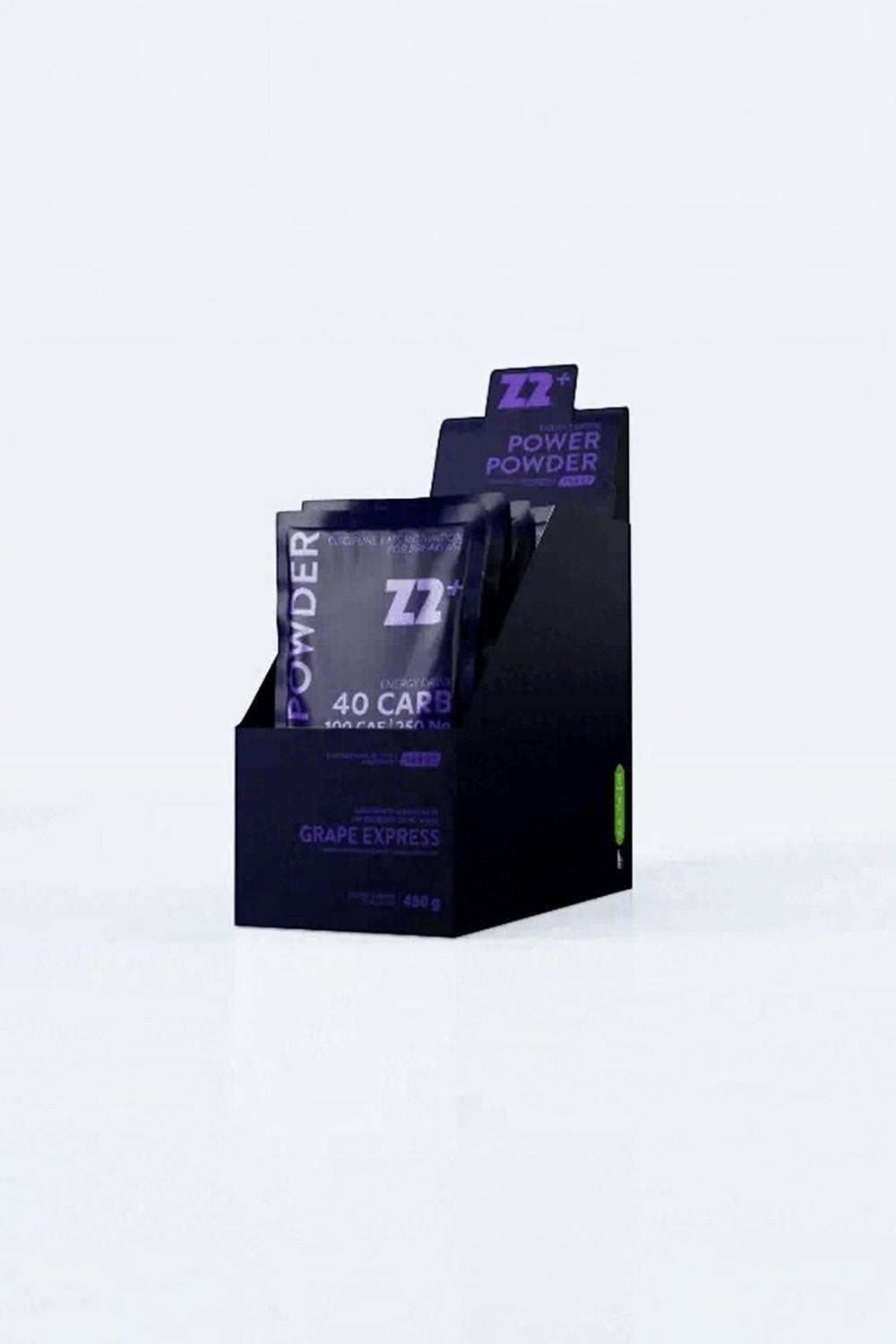 Caixa com 10 sachês de energy drink SPORTBR Z2+ Power Powder sabor Grape Express para performance esportiva