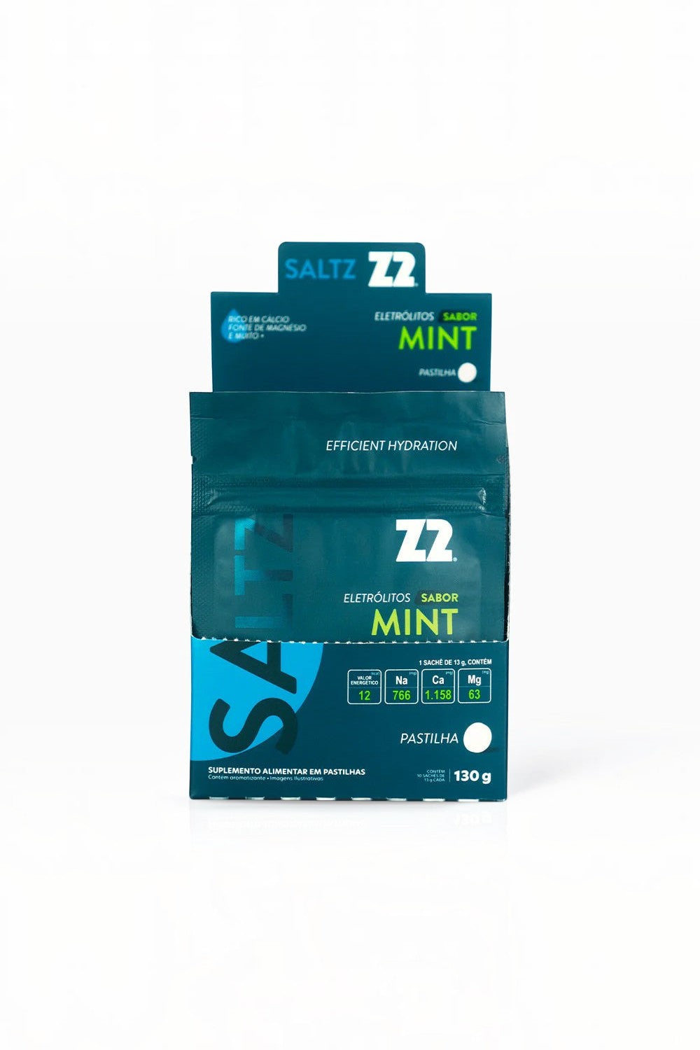 Caixa de SPORTBR Saltz Z2 com 10 sachês de pastilhas de eletrólitos sabor Mint para reposição esportiva