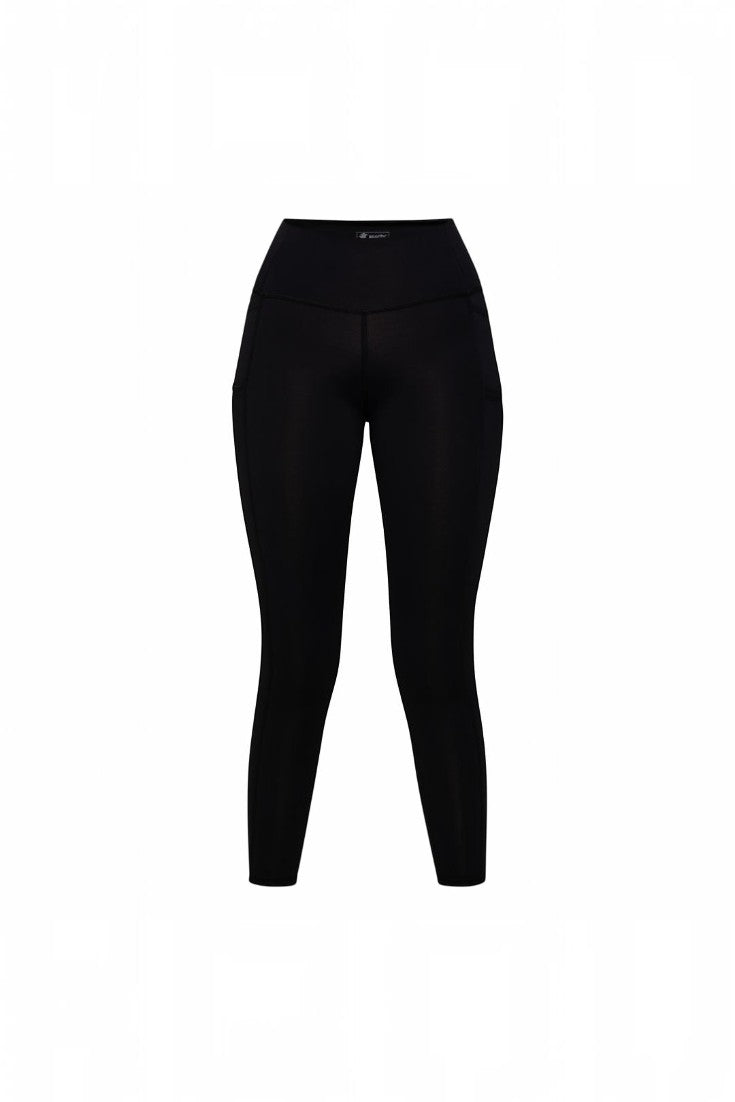 Calça de compressão preta SPORTBR com cós alto e bolsos laterais, feita em poliamida e elastano de alta performance.