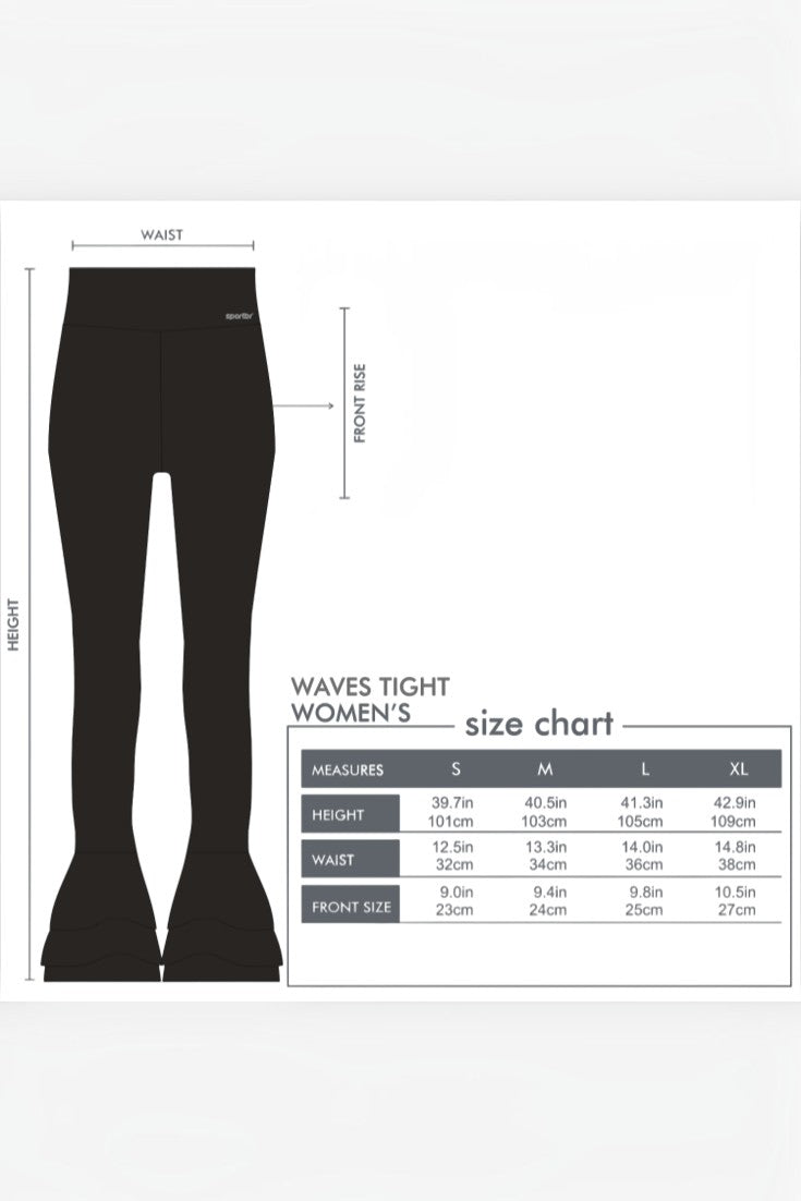 Tabela de medidas da calça feminina preta modelo Waves da SPORTBR com detalhes de altura, cintura e gancho frontal.