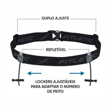 Cinto de corrida preto Fitletic Race I com ajuste duplo e detalhes refletivos para prender número de peito sem alfinetes.