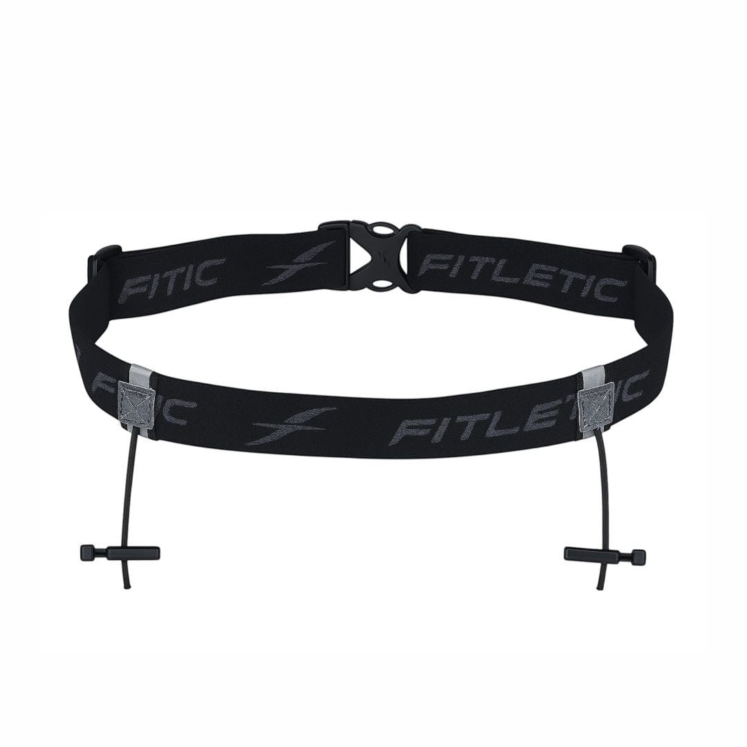 Cinto de corrida preto Fitletic Race I com detalhes refletivos e porta número sem alfinetes.
