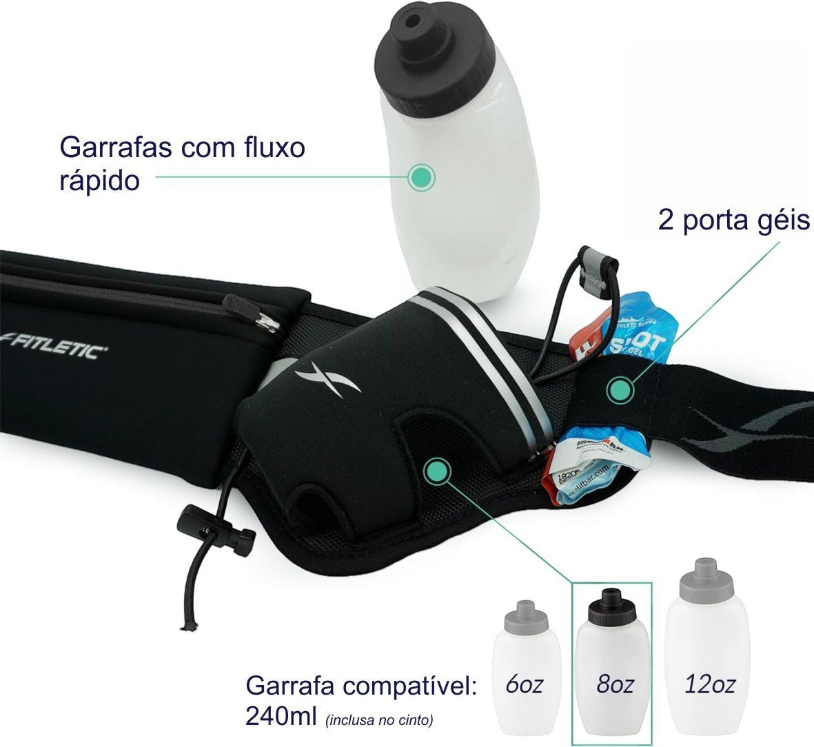 Cinto de hidratação SPORTBR Hydra 16 azul com duas garrafas de 250ml e porta géis para corrida.