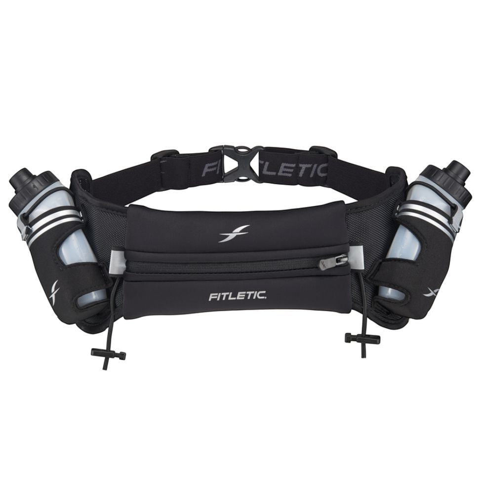 Cinto de hidratação preto Fitletic Hydra 16 com duas garrafas de 250ml, bolso para celular e porta gel.