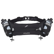 Cinto de hidratação preto Fitletic Hydra 16 com duas garrafas de 250ml, bolso para celular e porta gel.