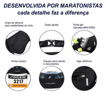 Cinto de hidratação preto Fitletic com duas garrafas, porta número, porta gel e bolso para celular.