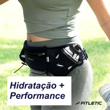 Cinto de hidratação preto Fitletic com duas garrafas de 250ml, bolso para celular e porta gel.