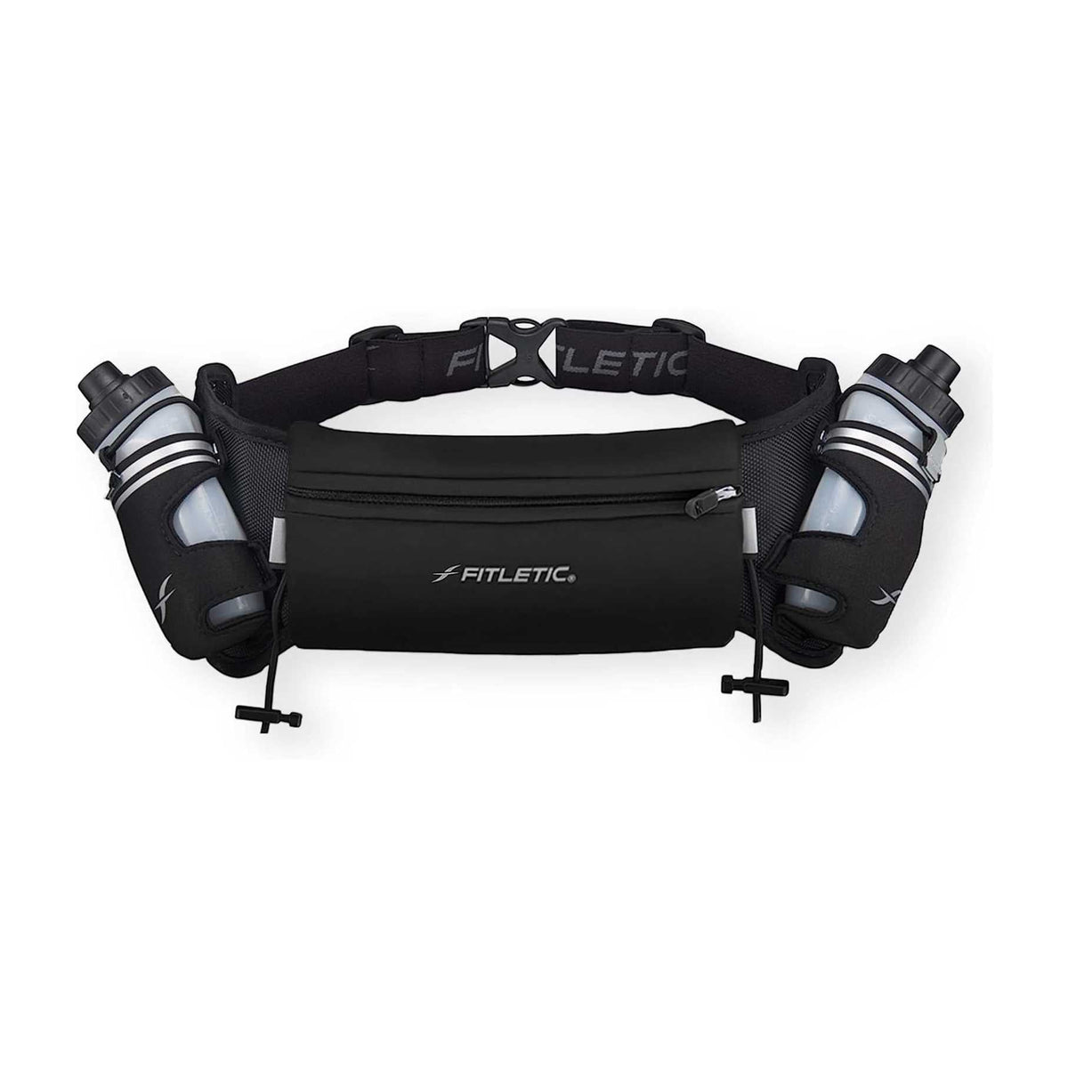 Cinto de hidratação preto SPORTBR com duas garrafas de 250ml, bolso para celular e porta gel.