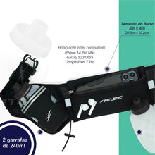 Cinto de hidratação preto Fitletic com duas garrafas de 250ml, bolso para celular e porta gel. Ideal para corrida.