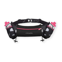 Cinto de hidratação SPORTBR Hydra 16 preto com detalhes rosa, duas garrafas e bolso para corrida.