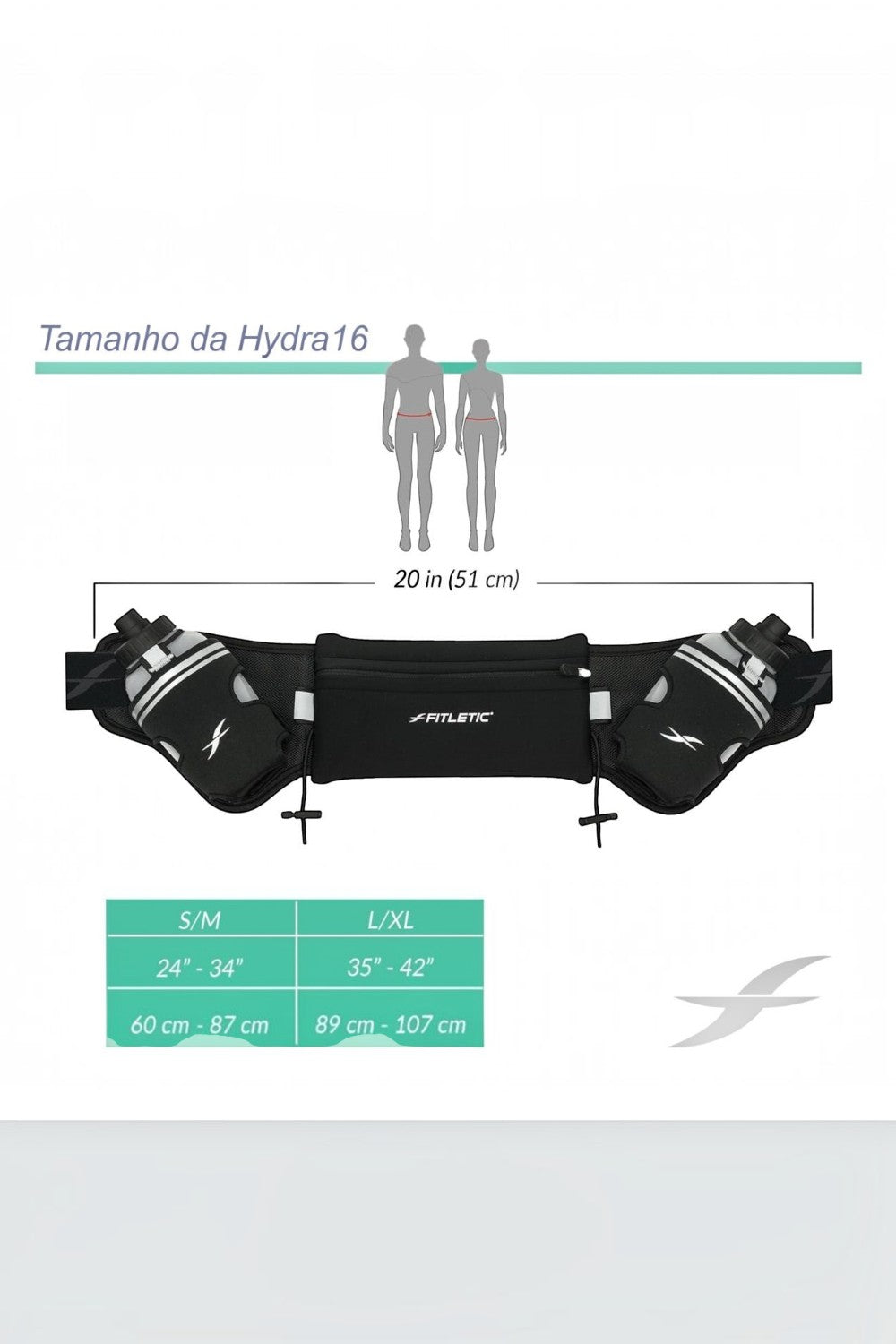 Tabela de tamanhos do cinto de hidratação SPORTBR Fitletic Hydra 16 preto, mostrando medidas em cm e polegadas.