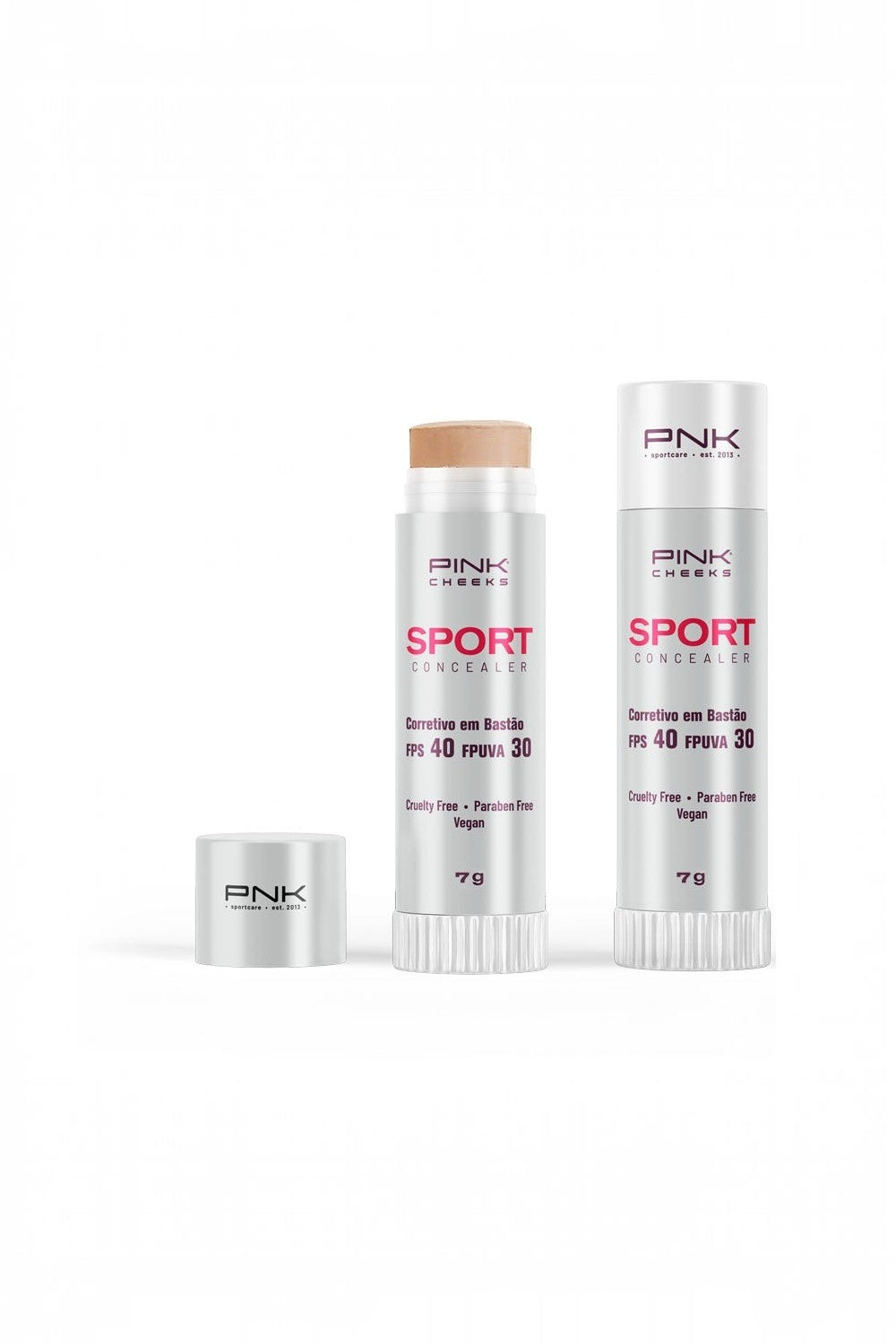 Corretivo em bastão SPORTBR Pink Cheeks bege médio C20 com FPS 40 e FPUVA 30, fórmula vegana e cruelty-free.