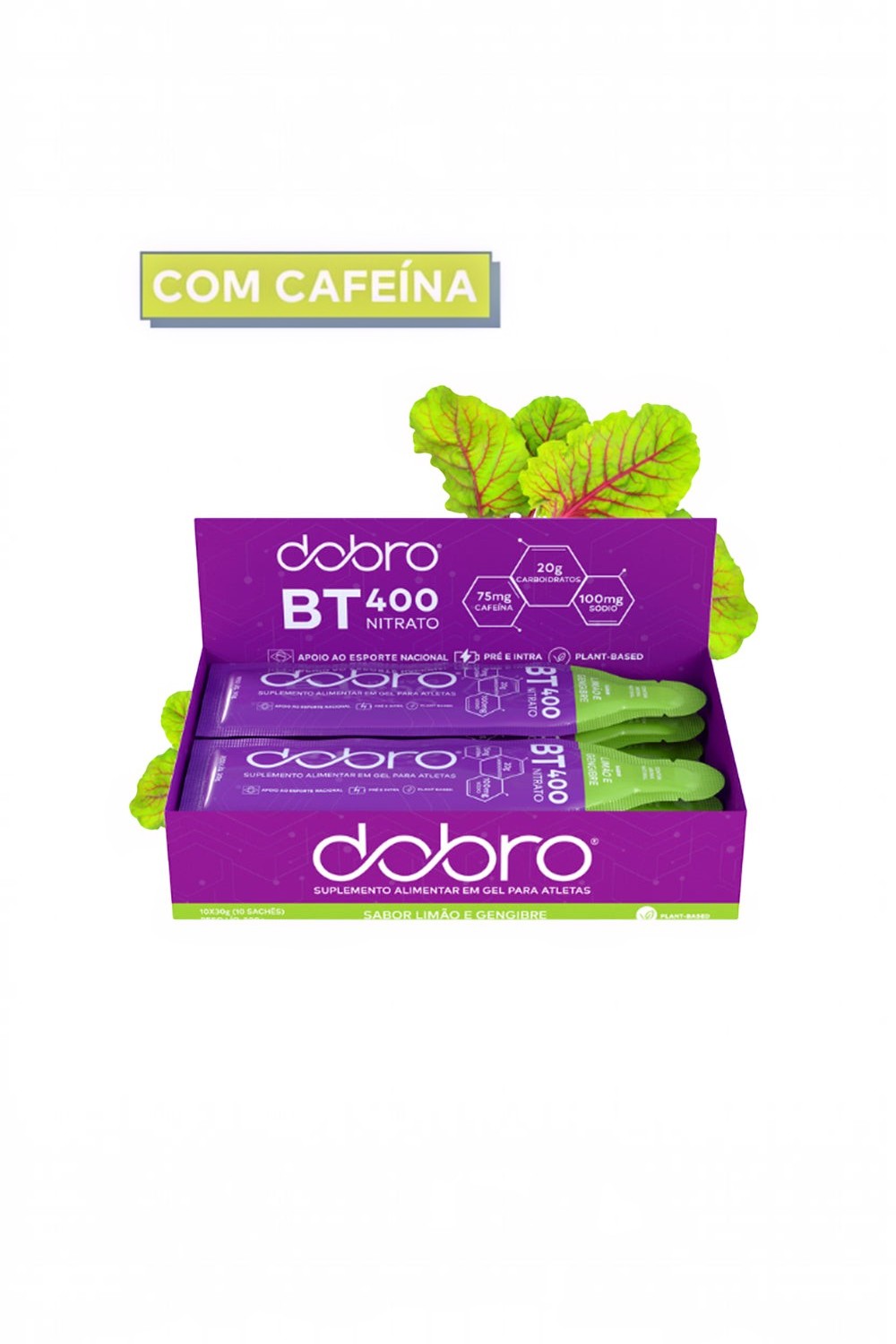 Caixa com 10 sachês de gel de carboidrato SPORTBR Dobro BT 400 Nitrato sabor limão e gengibre com cafeína