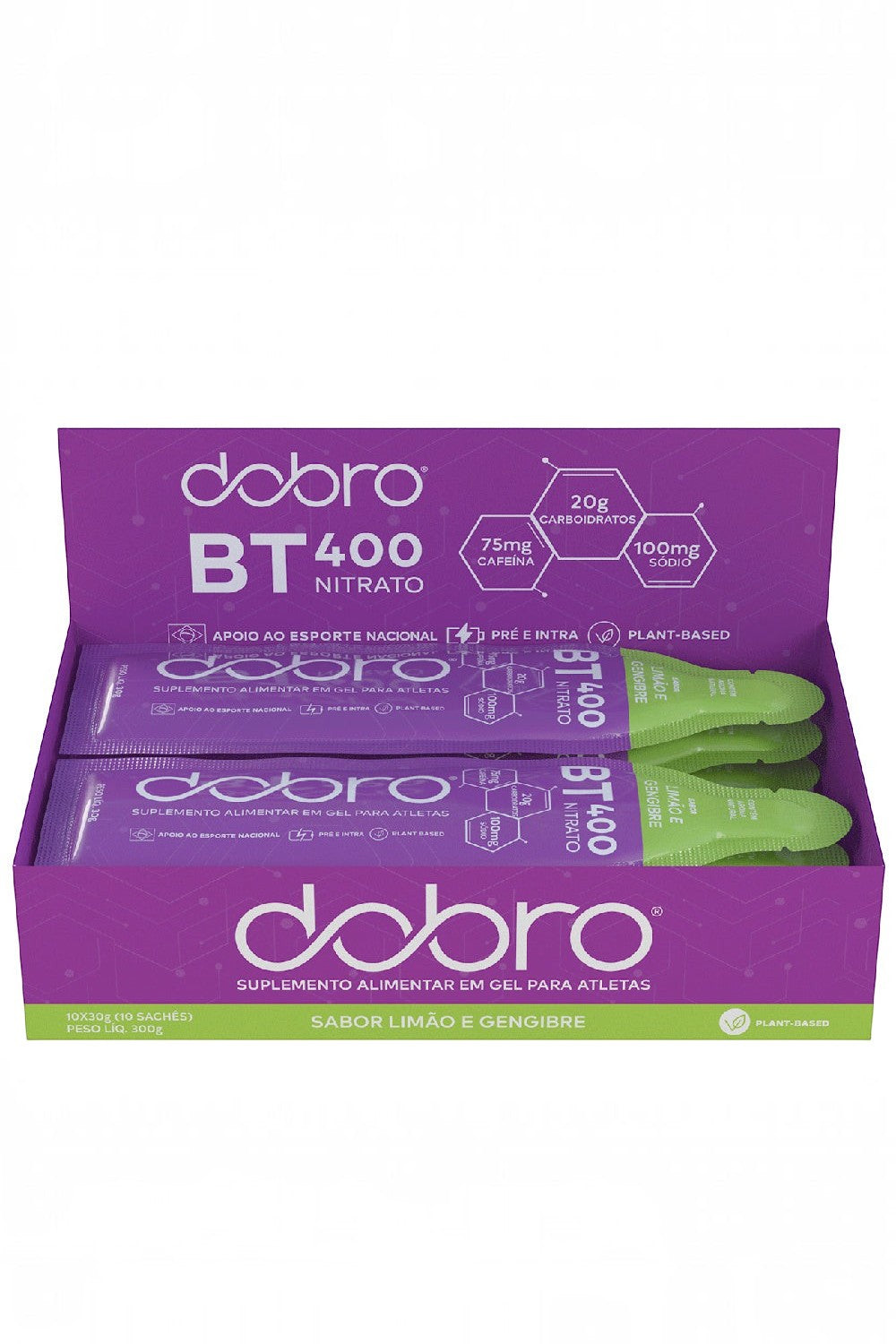 Caixa com 10 sachês de gel de carboidrato SPORTBR Dobro BT 400 Nitrato sabor limão e gengibre com cafeína