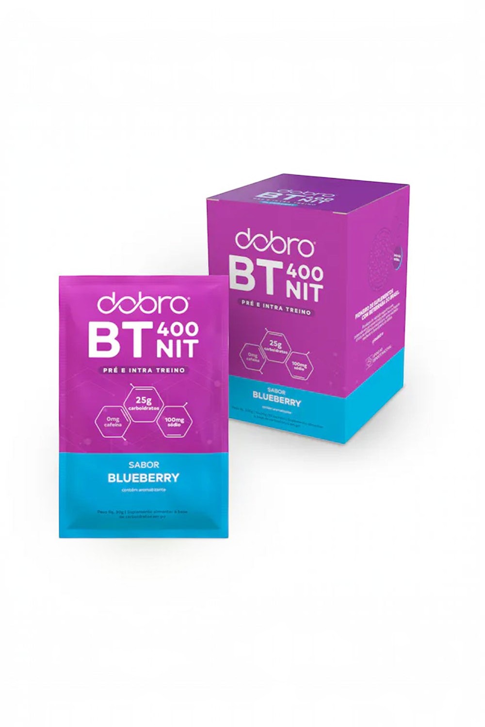 Sachê e caixa de suplemento pré-treino SPORTBR DOBRO BT Nitrato sabor blueberry em embalagem roxa e azul