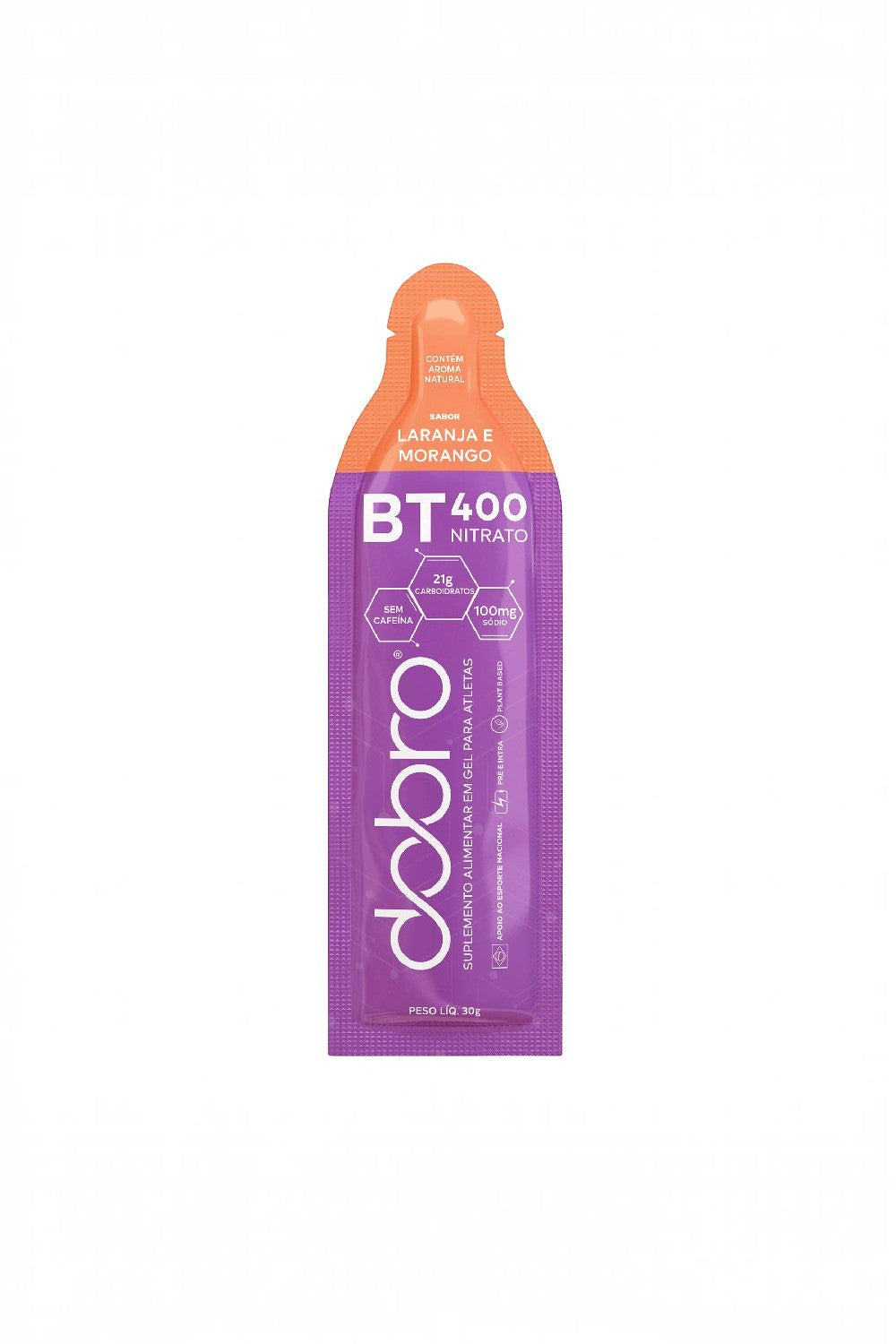 Sachê de gel de carboidrato SPORTBR Dobro BT Nitrato sabor laranja com morango, 30g, embalagem roxa e laranja.