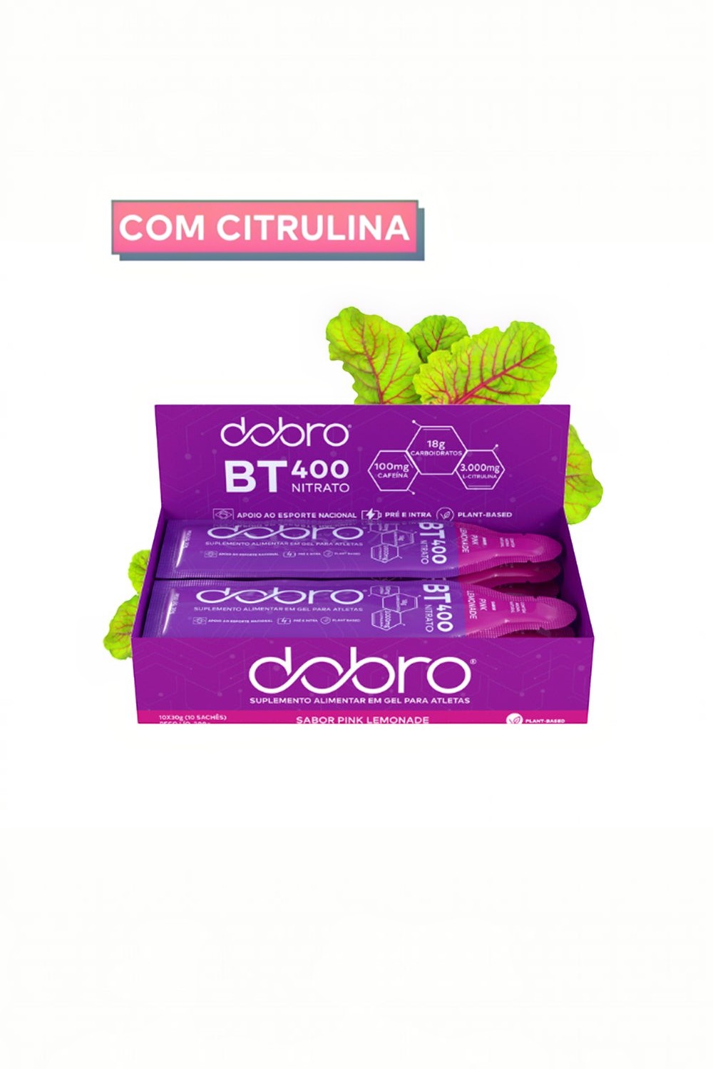 Caixa com 10 sachês de gel de carboidrato SPORTBR Dobro BT Nitrato sabor Pink Lemonade com L-Citrulina e cafeína