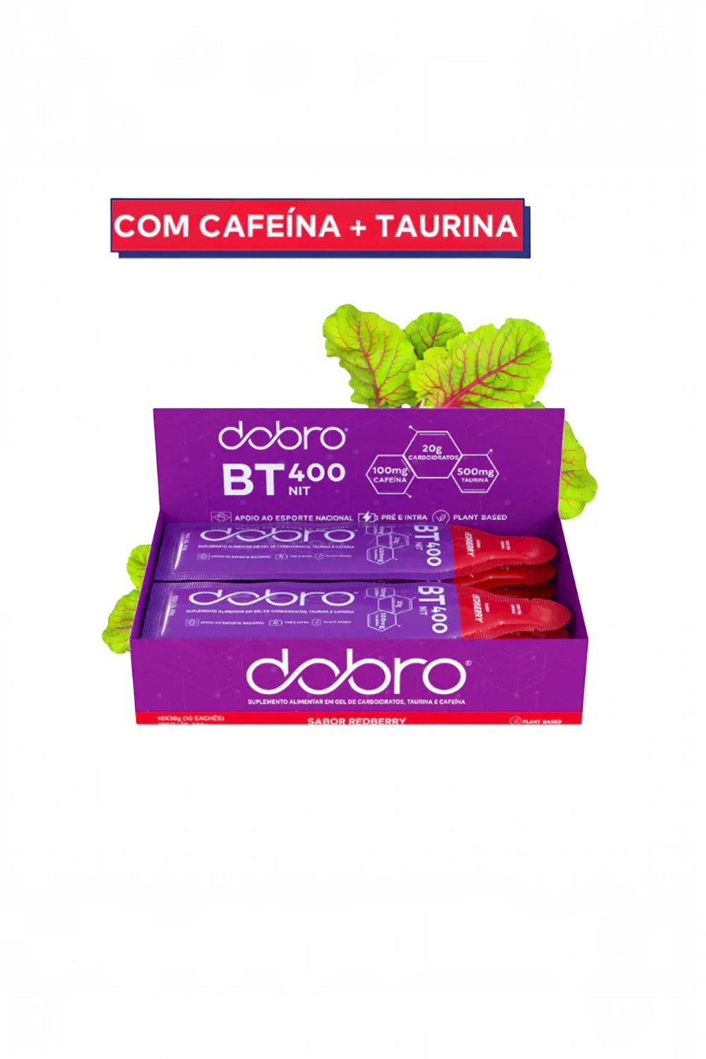 Caixa de suplemento SPORTBR Dobro BT Nitrato Gel sabor Redberry com 10 sachês de 30g e folhas de beterraba ao fundo