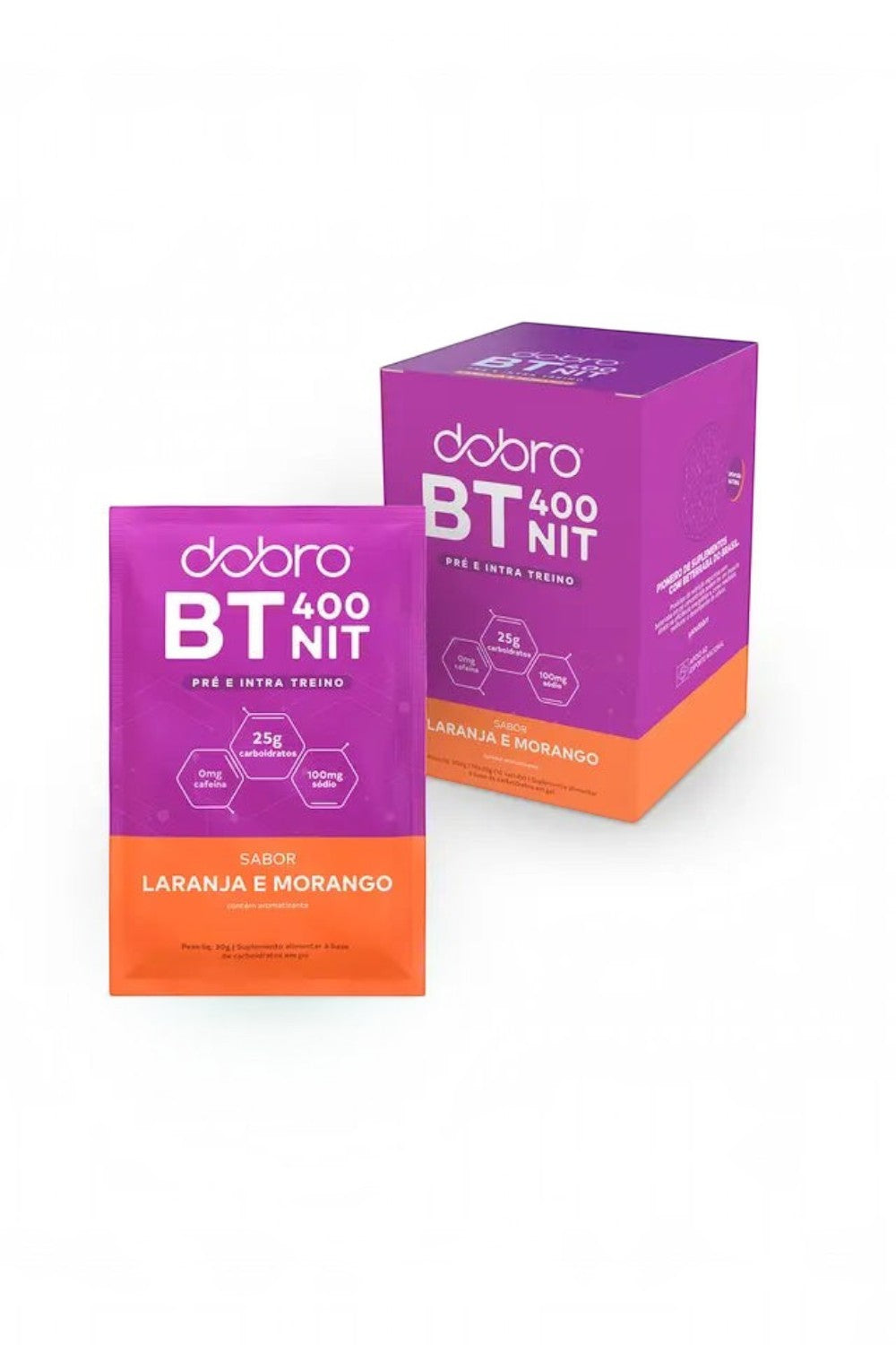 Sachê e caixa de suplemento pré-treino SPORTBR Dobro BT Nitrato sabor laranja e morango em embalagem roxa e laranja