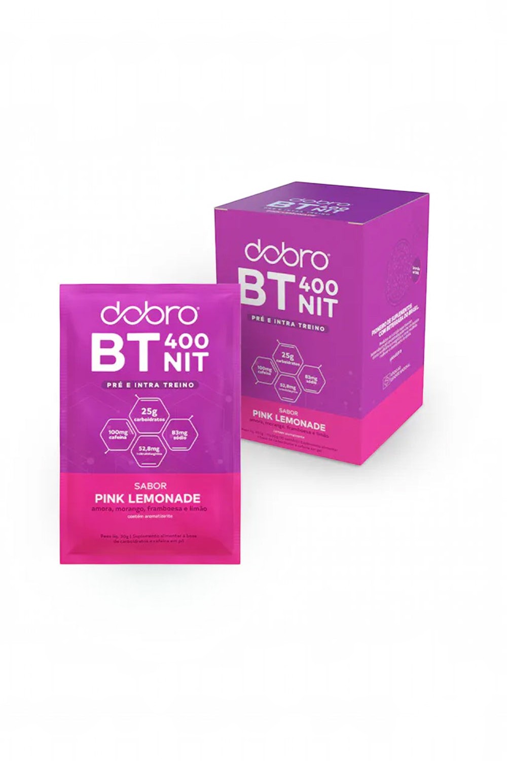 Sachê e caixa de suplemento pré-treino SPORTBR Dobro BT Nitrato sabor Pink Lemonade em embalagem roxa