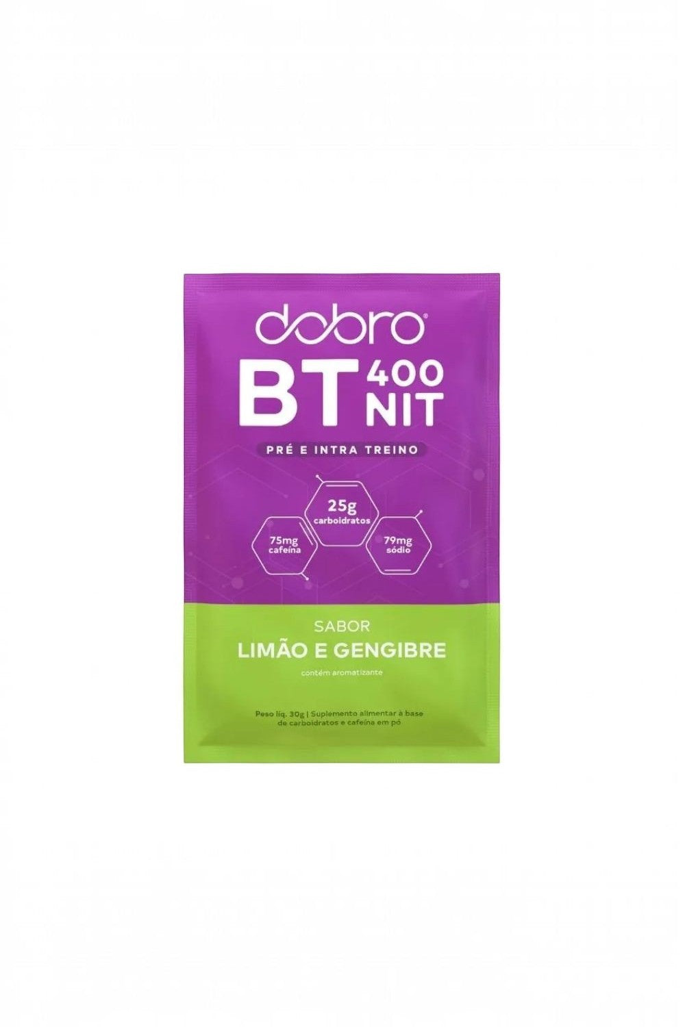 Sachê de pré-treino SPORTBR DOBRO BT Nitrato sabor limão e gengibre, suplemento em pó para performance e resistência.