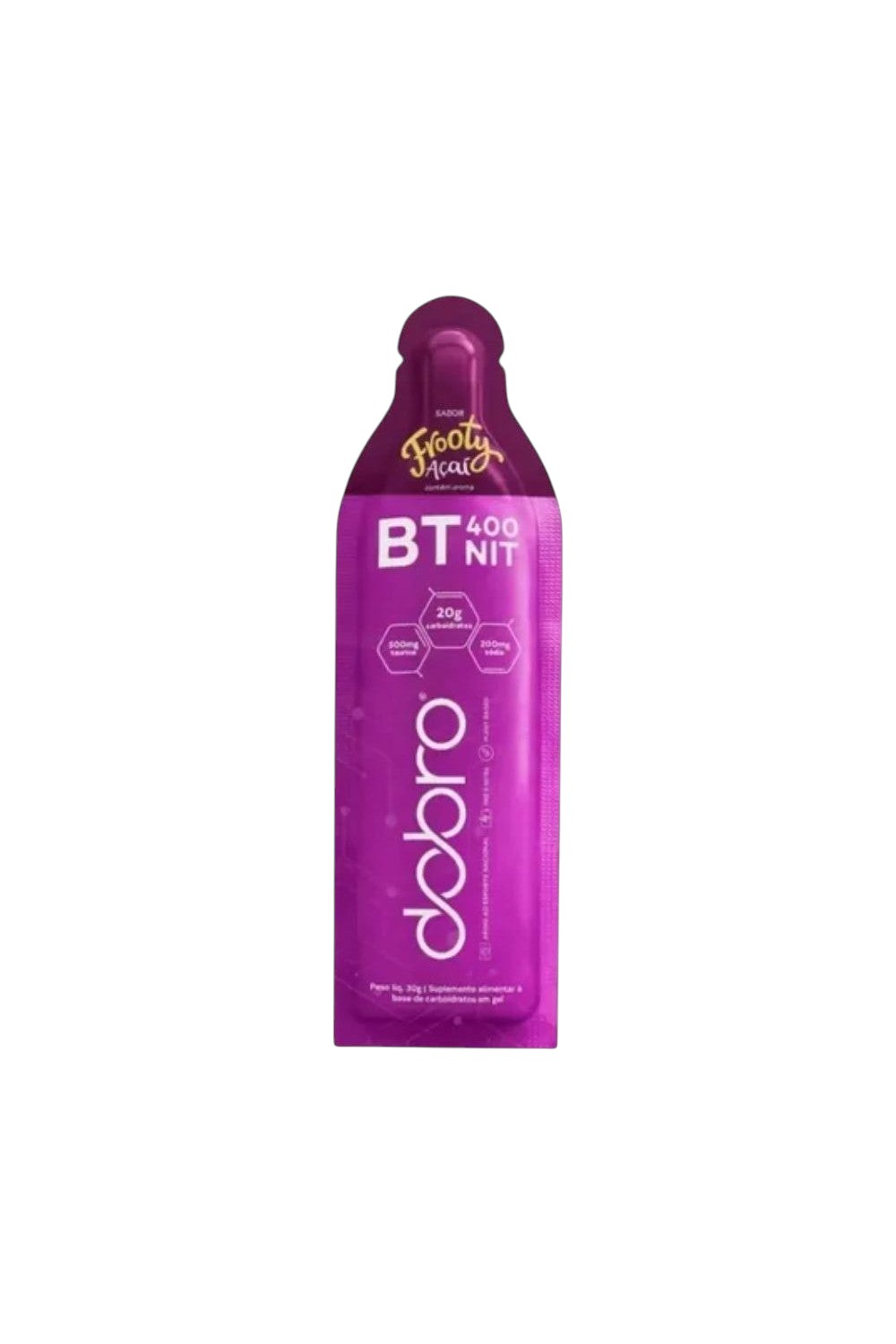 Sachê de gel de carboidrato SPORTBR Dobro BT 400 sabor açaí Frooty, 30g, com nitrato, eletrólitos e sem cafeína.