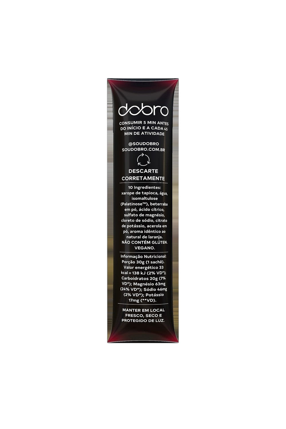Sachê de gel de carboidrato SPORTBR DOBRO sabor beterraba com laranja, 30g, com informações nutricionais no verso.