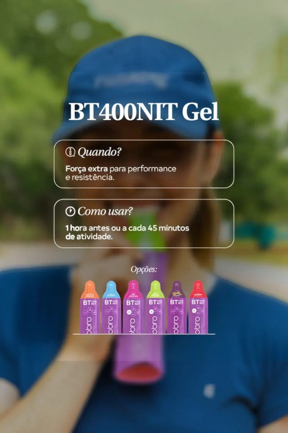 Atleta SPORTBR consumindo gel de carboidrato com nitrato DOBRO, exibindo variedade de sabores em embalagens coloridas.