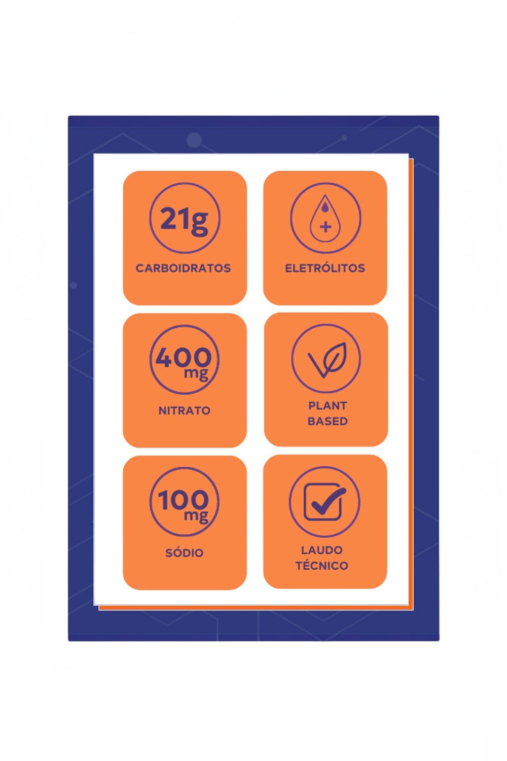 Tabela nutricional do gel SPORTBR DOBRO destacando 21g de carboidratos, 400mg de nitrato, eletrólitos e fórmula vegana.