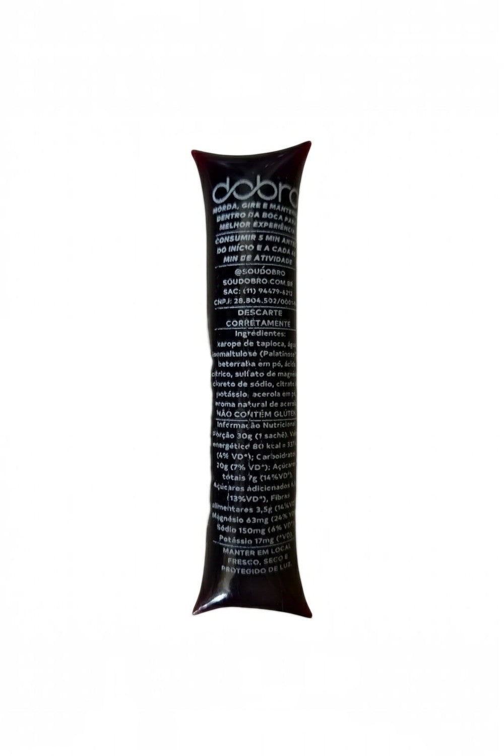 Sachê de gel de carboidrato natural SPORTBR DOBRO sabor beterraba com acerola, 30g, com informações nutricionais.