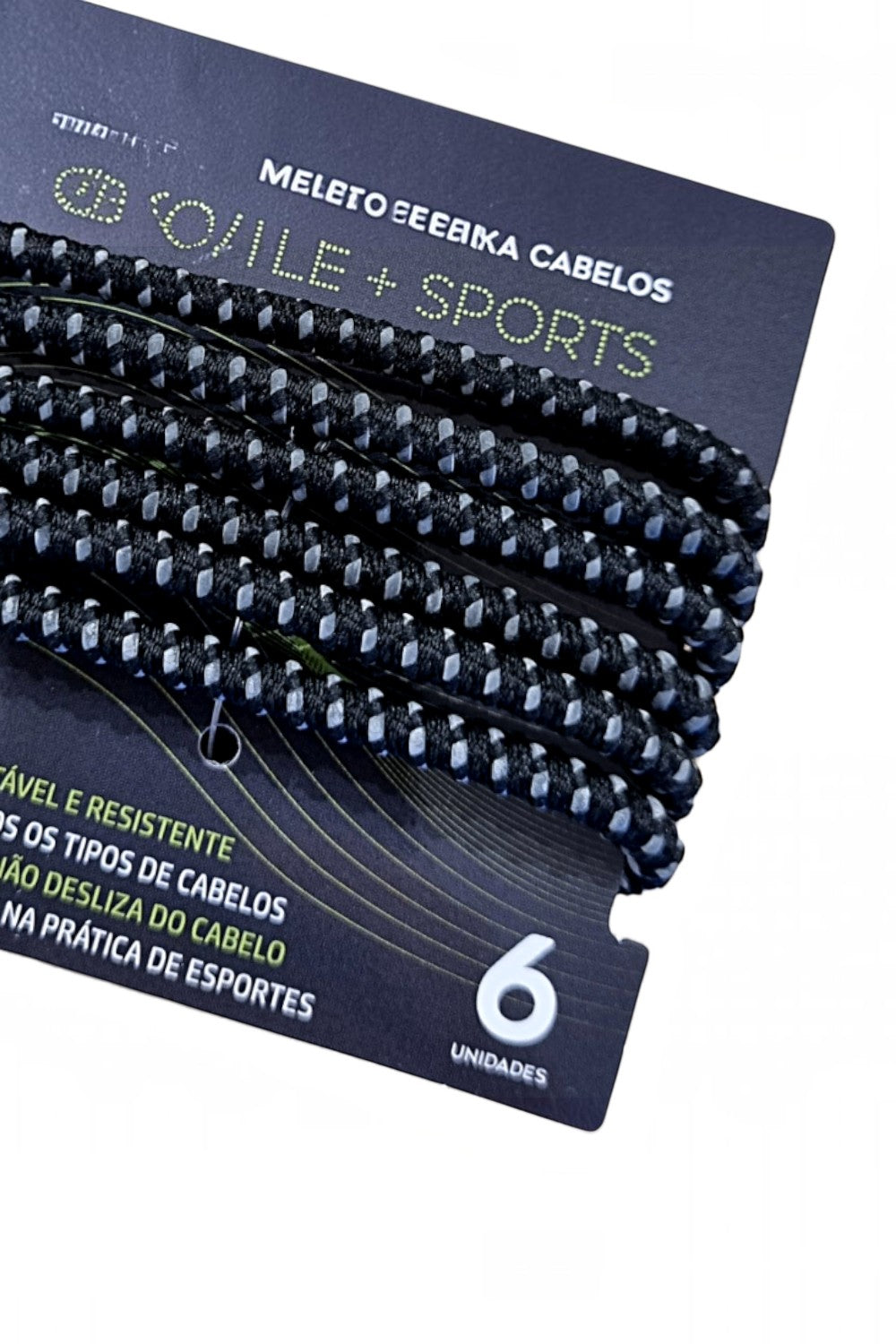Kit com 6 elásticos de cabelo pretos SPORTBR em silicone emborrachado, ideais para treinos esportivos intensos.