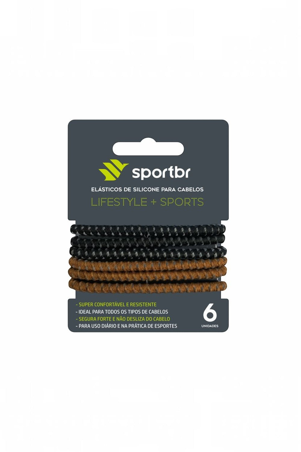 Kit com 6 elásticos de silicone SPORTBR na cor marrom e preta, ideais para esportes e uso diário com alta firmeza.