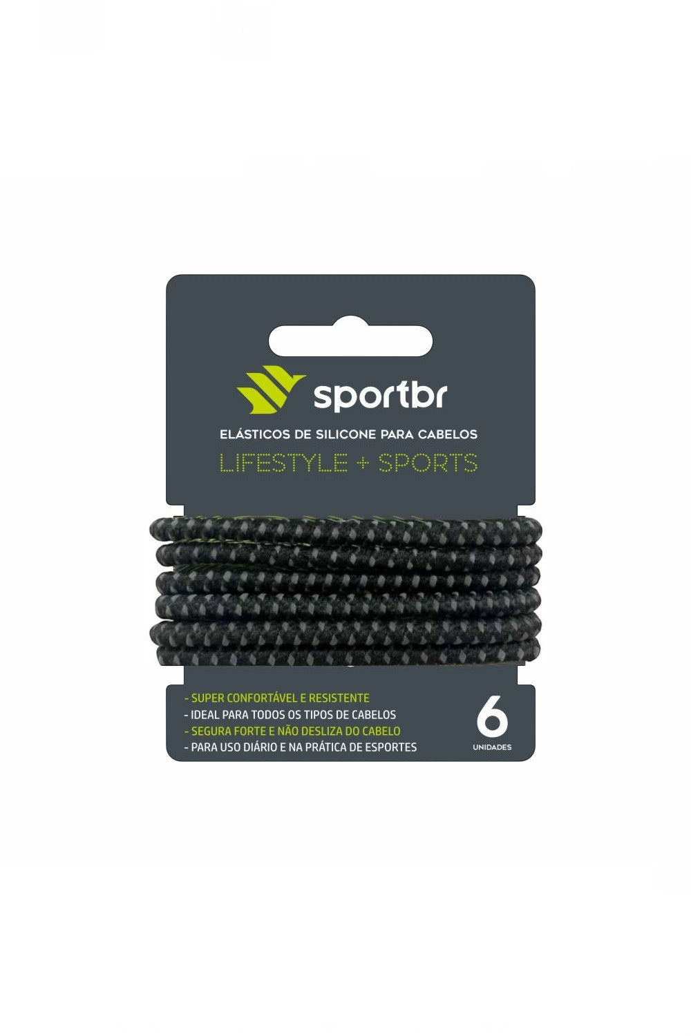 Kit com 6 elásticos de silicone emborrachados pretos da SPORTBR para esportes e uso diário em embalagem promocional