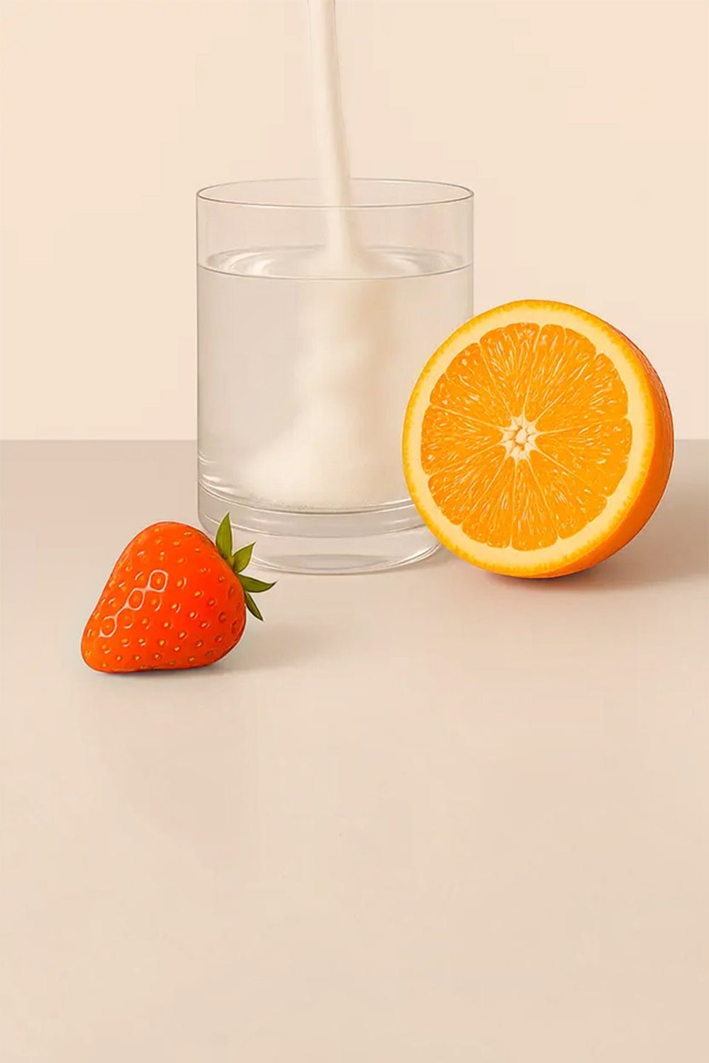 Sachê de eletrólitos SPORTBR sendo dissolvido em copo d'água com morango e laranja ao lado para representar o sabor.