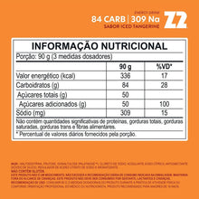 SPORTBR Energy Drink Power Powder Z2 900g, sabor Iced Tangerine, com 84g de carboidratos e 309mg de sódio por porção.