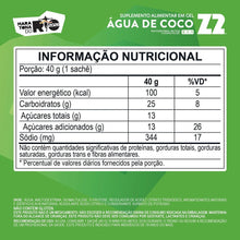 Sachê Energy Gel Z2 40g Maratona do Rio Sabor Água de Coco da SPORTBR, com informações nutricionais detalhadas.