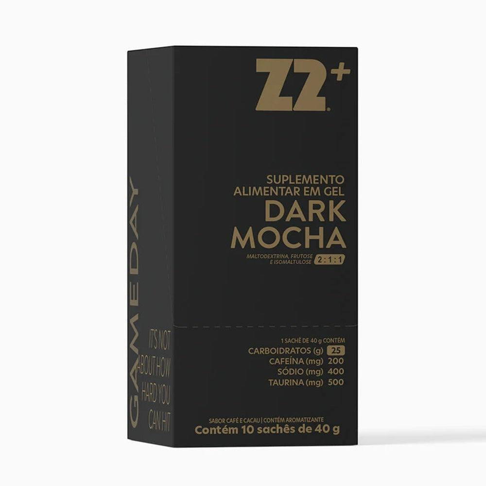 Caixa de Energy Gel Z2+ sabor Dark Mocha da SPORTBR com 10 sachês de 40g, contendo cafeína, taurina e blend de carboidratos.