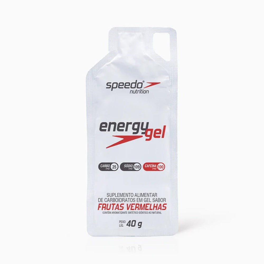 Sachê Energy Gel Speedo PWRD Z2 sabor Frutas Vermelhas com 100mg de cafeína e 25g de carboidratos.