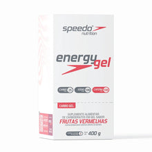 Caixa de Energy Gel Speedo PWRD Z2 sabor Frutas Vermelhas com 10 sachês, 100mg de cafeína e 25g de carboidrato por sachê.