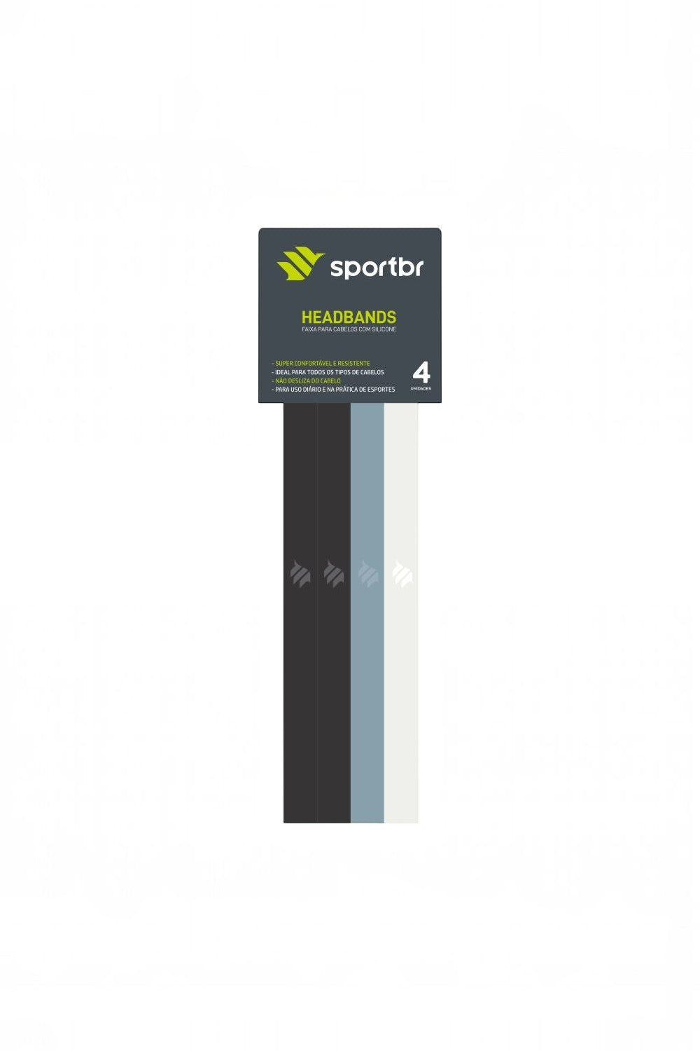Kit com 4 faixas de cabelo esportivas finas SPORTBR em tons de cinza, preto e branco com silicone antiderrapante.