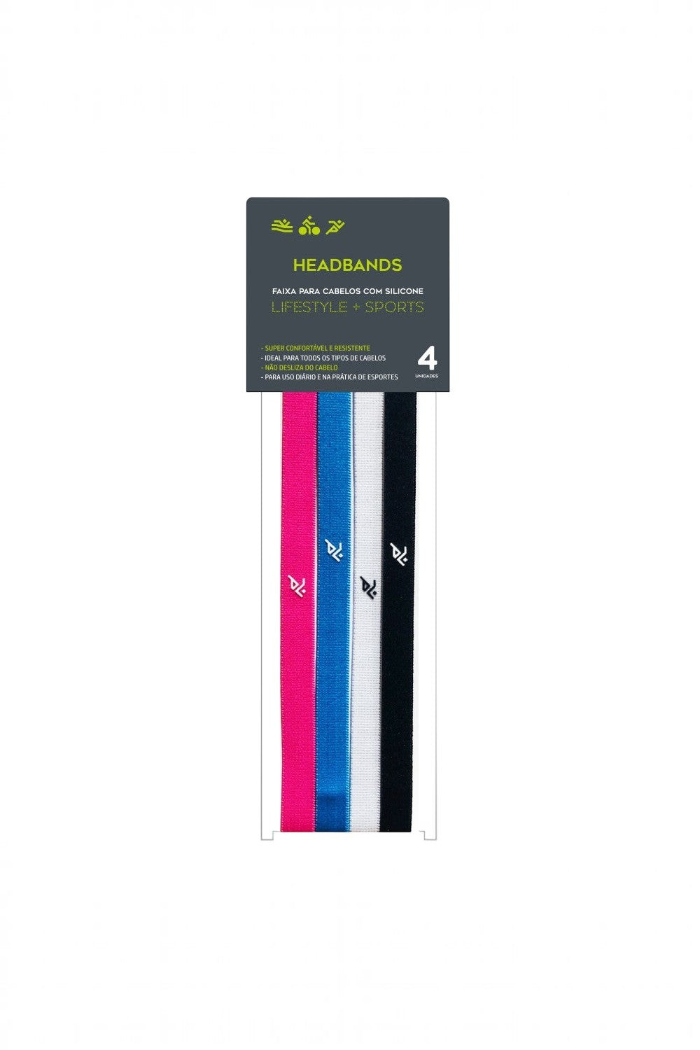 Kit com 4 faixas de cabelo esportivas finas SPORTBR coloridas com silicone antiderrapante em embalagem