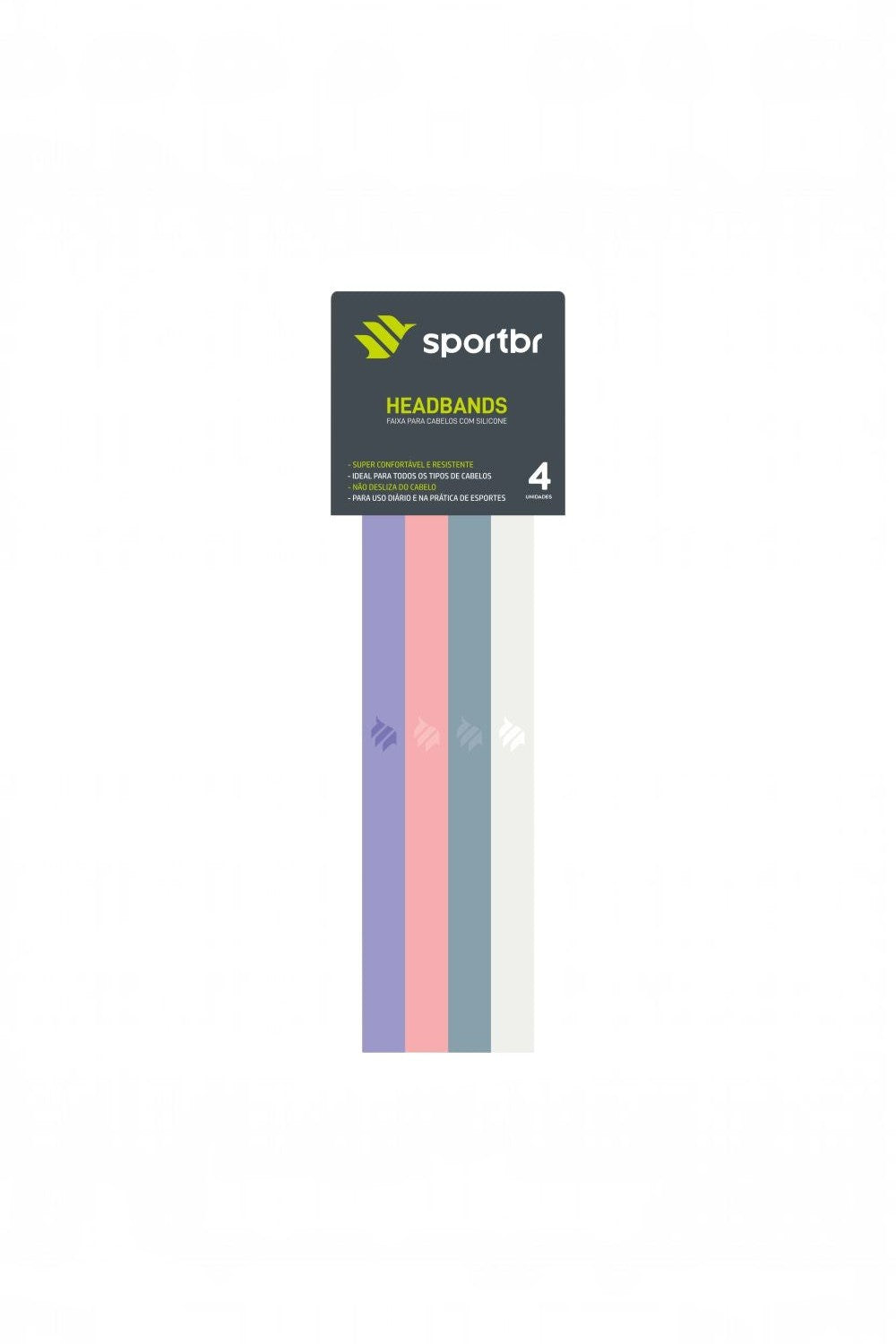 Kit com 4 faixas de cabelo esportivas finas SPORTBR nas cores roxa, rosa, azul e branca com silicone antiderrapante.