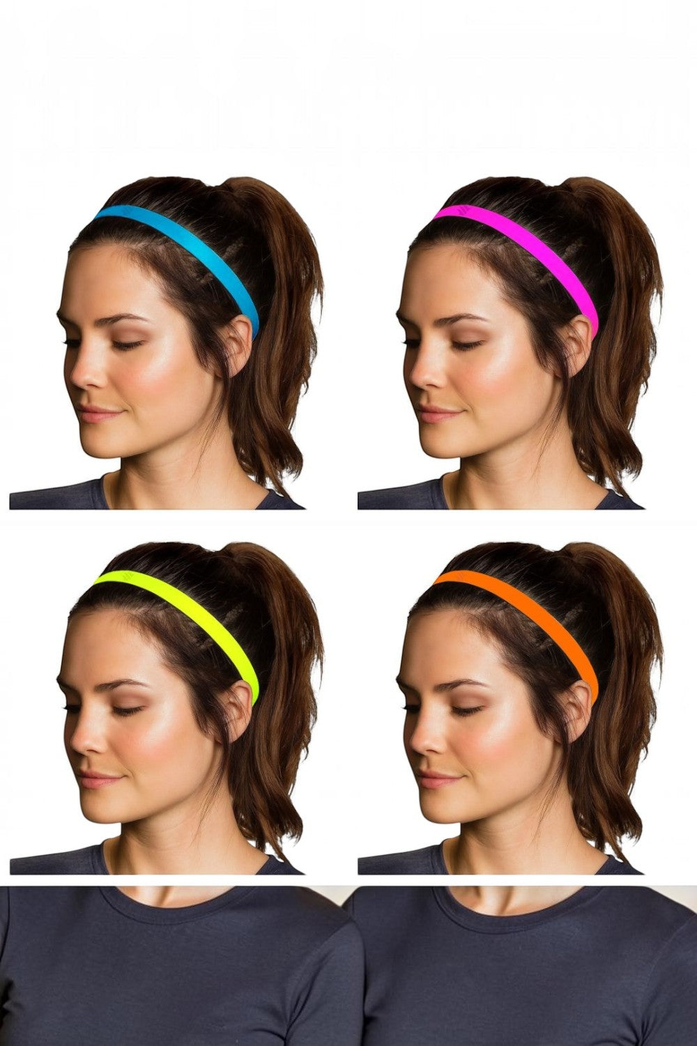 Modelo usando kit com 4 faixas de cabelo esportivas finas SPORTBR em cores neon azul, rosa, amarelo e laranja.