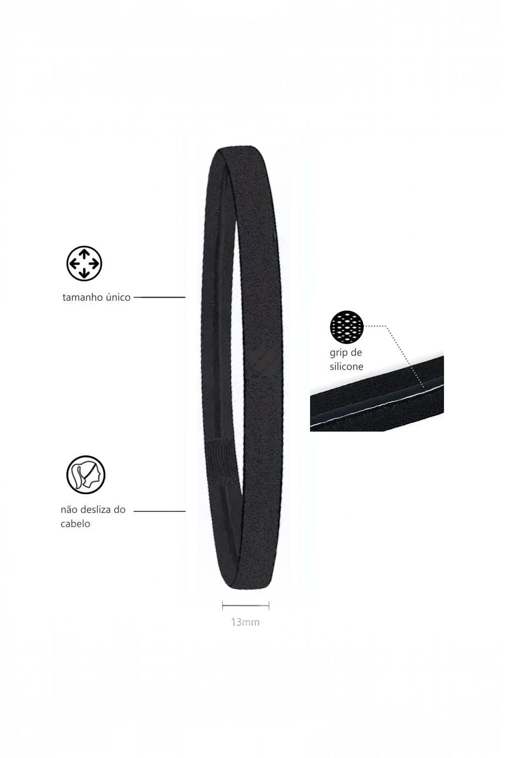 Faixa de cabelo esportiva preta SPORTBR com silicone antiderrapante interno e design fino de 13mm